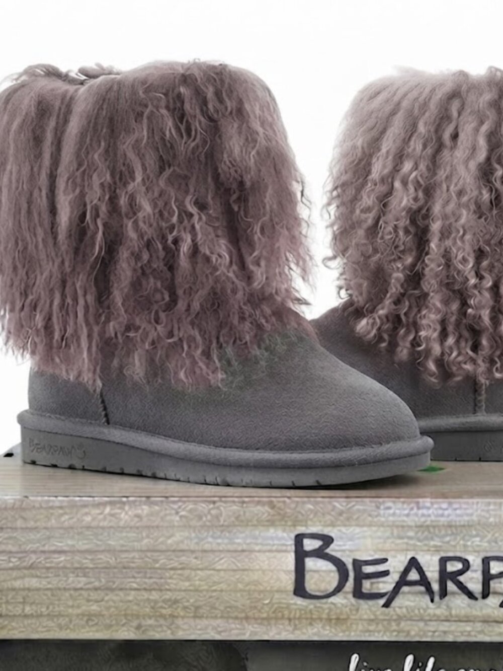Bearpaw Boo Gray Shearling Wool Curly Lamb Fur Boho Sherpa Boots Women's 6 NEW